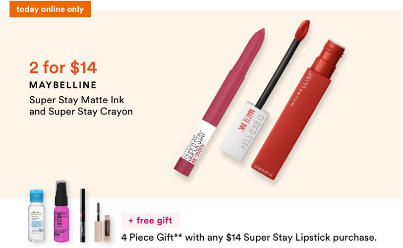 2 for $14 Maybelline Super Stay Matte Ink & Super Stay Crayon +gift with purchase